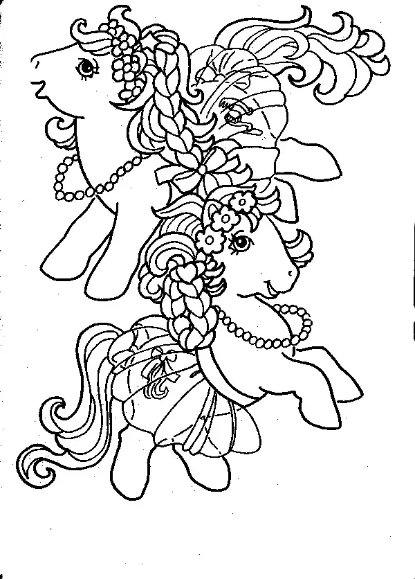 Kolorowanka kucyki pony z długimi włosami i kwiatami oraz ozdobami