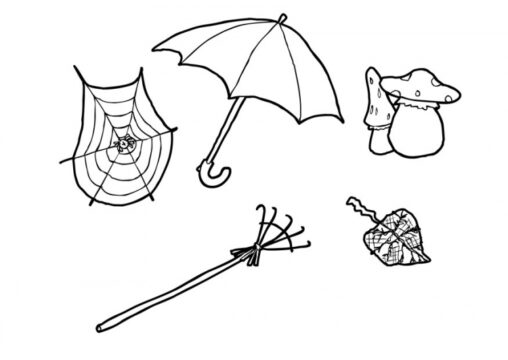 Kolorowanka liść leży obok grabi, grzybów, parasola oraz pajęczyny