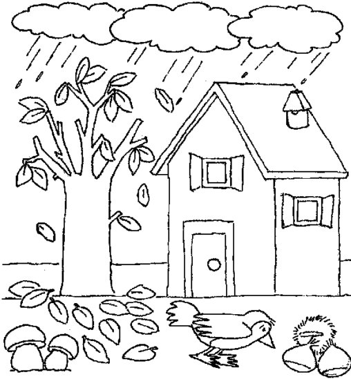 Kolorowanka liście leżą pod drzewem stojącym obok domu, przed którym siedzi ptak w deszczu