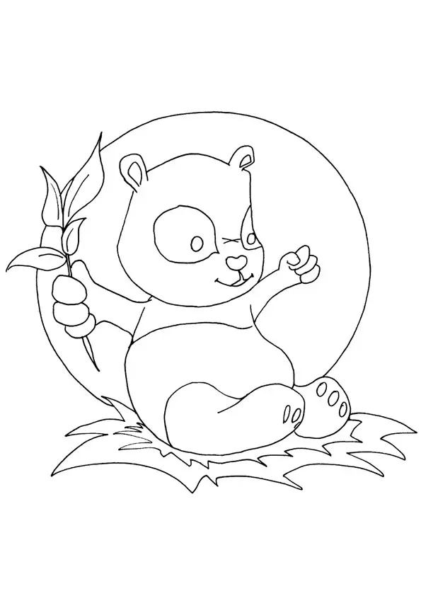 Kolorowanka panda bardzo mała siedzi i przeciąga się trzymając bambusa w ręce