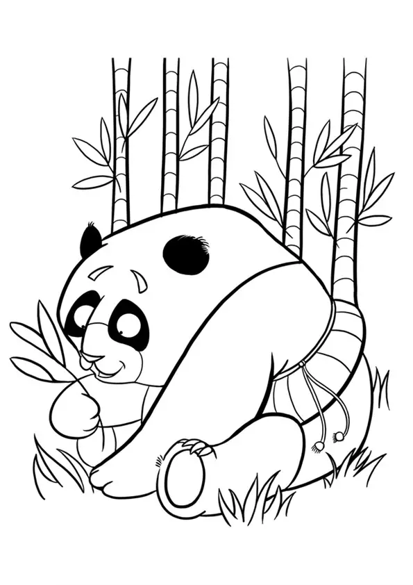 Kolorowanka panda gruba siedzi z oponą na brzuchu i schyla się jedząc bambus