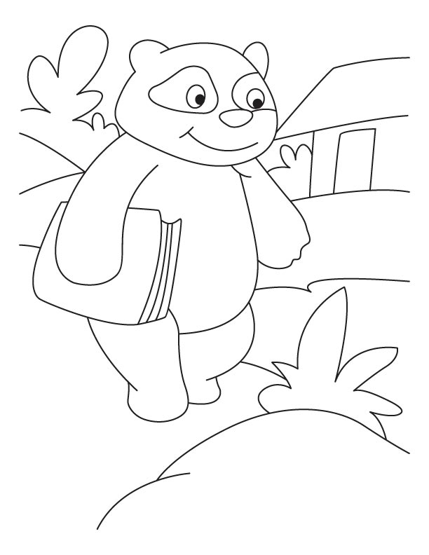 Kolorowanka panda idzie obok domu trzymając dokumenty w ręce