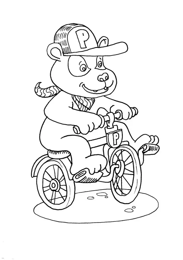 Kolorowanka panda jedzie na małym rowerku w czapce