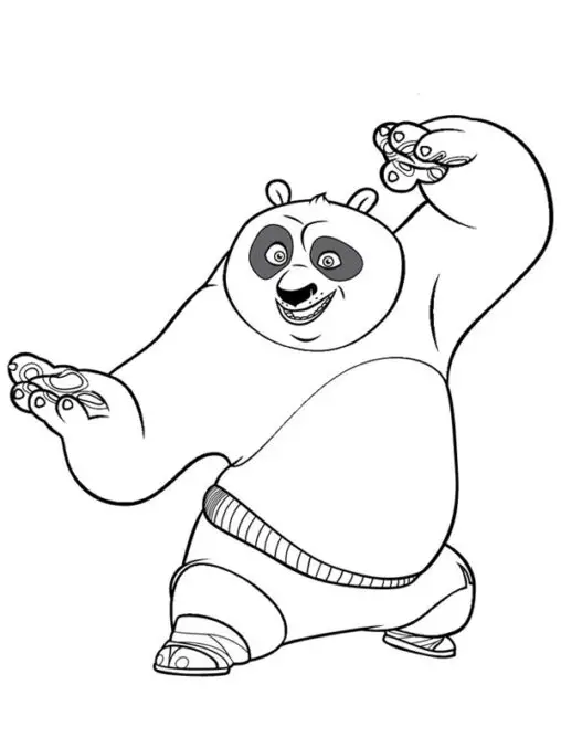 Kolorowanka panda kung fu panda stoi w rozkroku z rozłożonymi rękoma przed sobą i nad głową