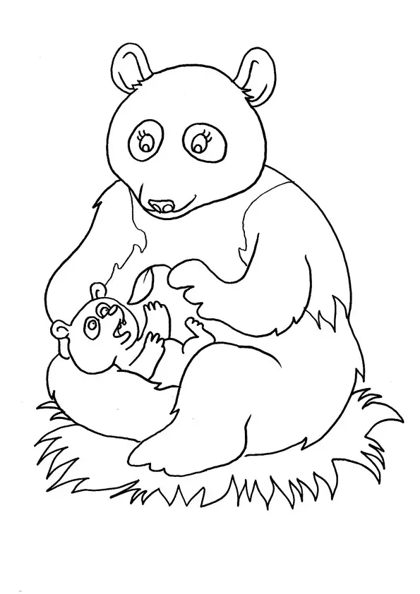 Kolorowanka panda matka siedzi i karmi małą pandę liściem