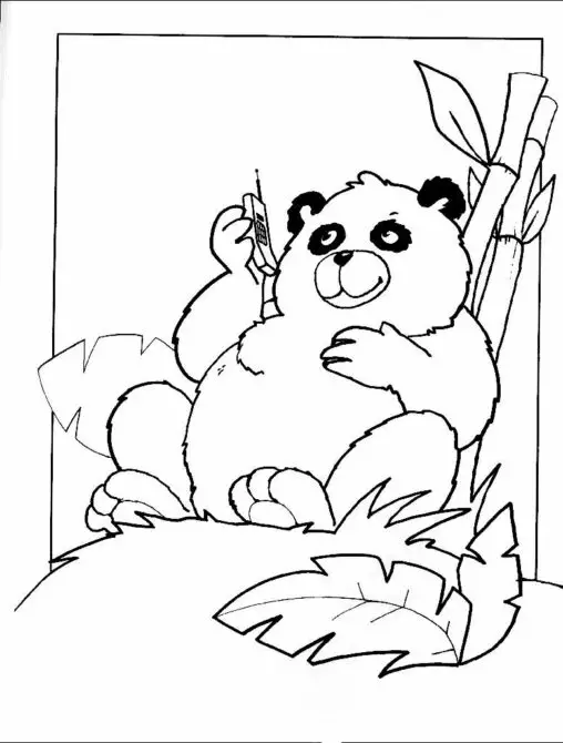 Kolorowanka panda siedzi pod bambusem i rozmawia przez telefon