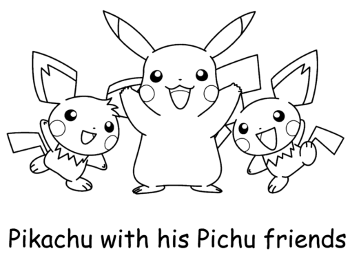 Kolorowanka Pikachu stoi uśmiechnięty wraz z dwoma pikachu przyjaciółmi