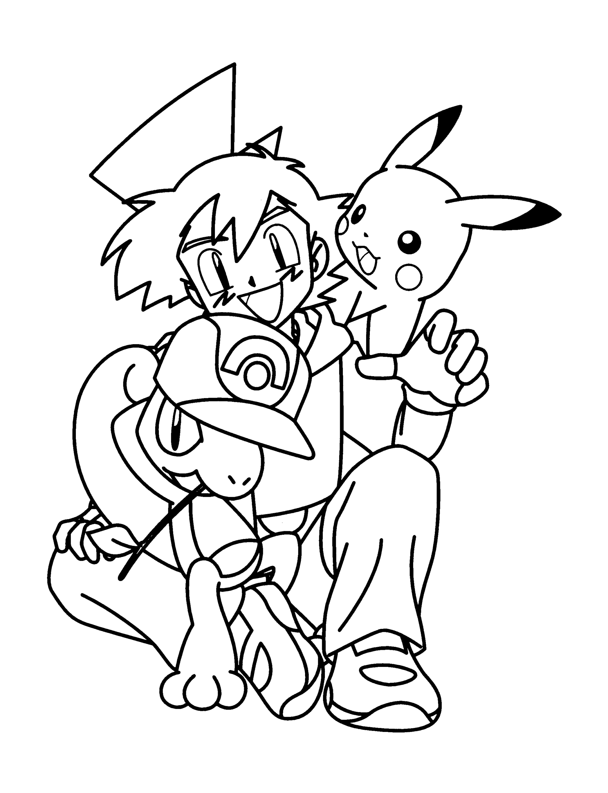 Kolorowanka Pikachu wspina się na ramię Ash siedzącego na ziemi