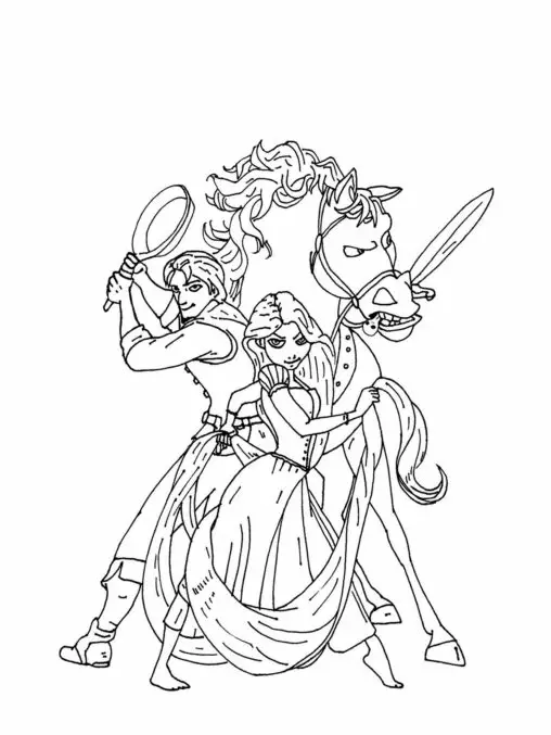 Kolorowanka Roszpunka stoi trzymając włosy obok Flynna i konia z mieczem w zębach