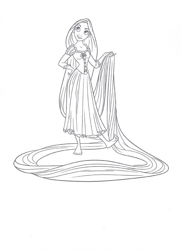 Kolorowanka Roszpunka stoi zadowolona w sukni na boso trzymając długie włosy w ręce