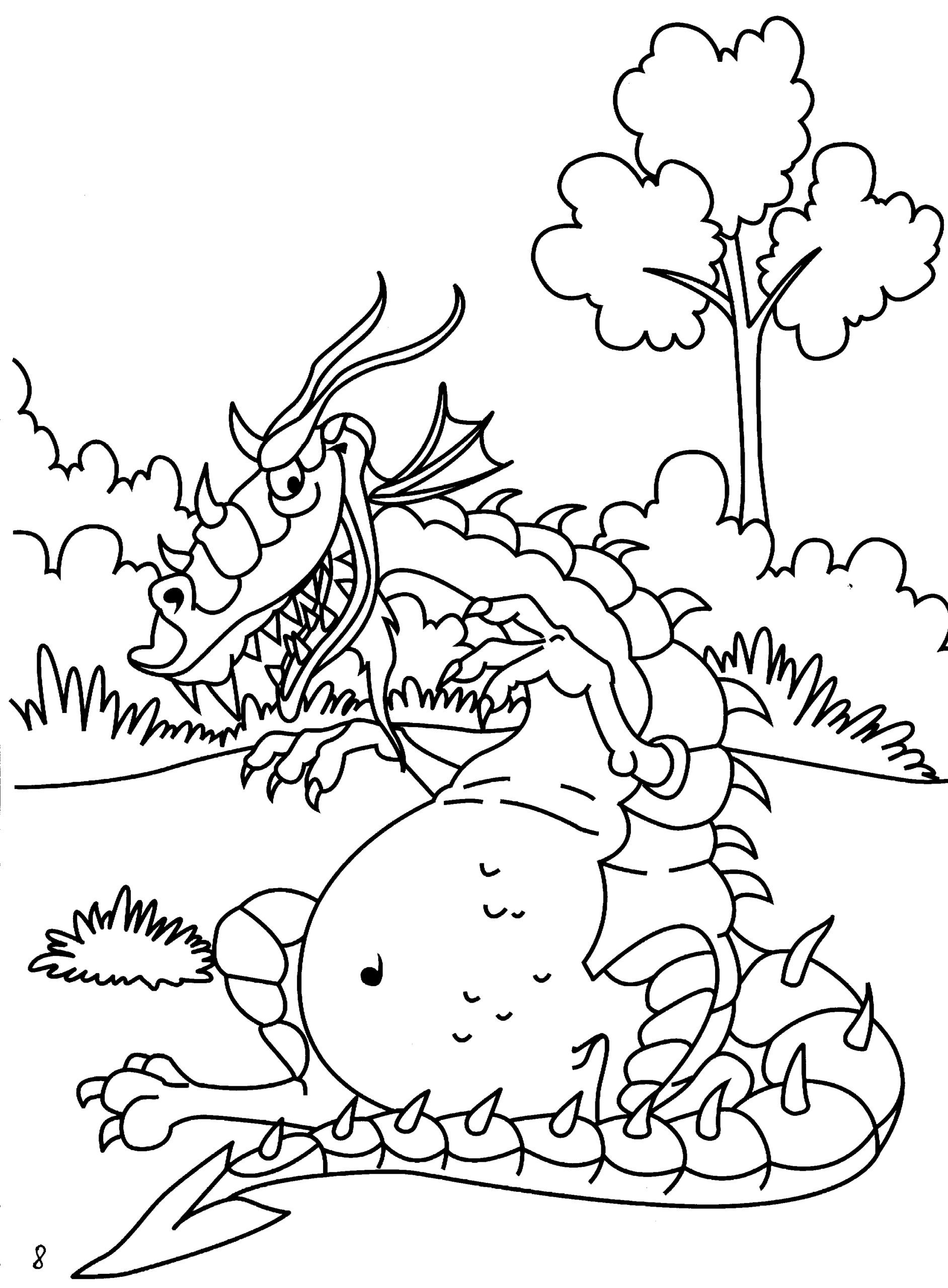 Kolorowanka smok brzydki i gruby siedzi na trawie przy drzewach i pokazuje szpony szczerząc zęby
