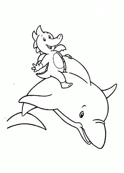 Kolorowanka smok Tabaluga siedzi na grzbiecie delfina trzymając go za płetwę