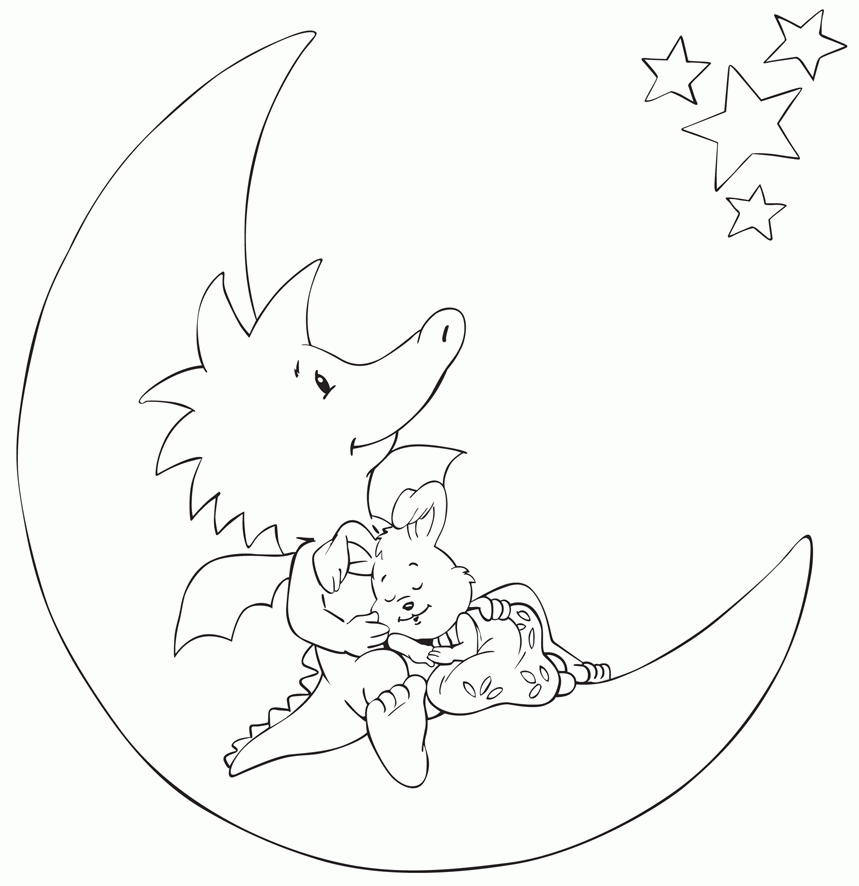 Kolorowanka smok Tabaluga siedzi na Księżycu przytulając małego królika i patrząc się w gwiazdy