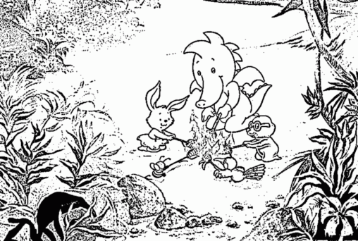 Kolorowanka smok Tabaluga siedzi w środku dziczy przy ognisku z królikiem i kretem oraz innymi zwierzętami