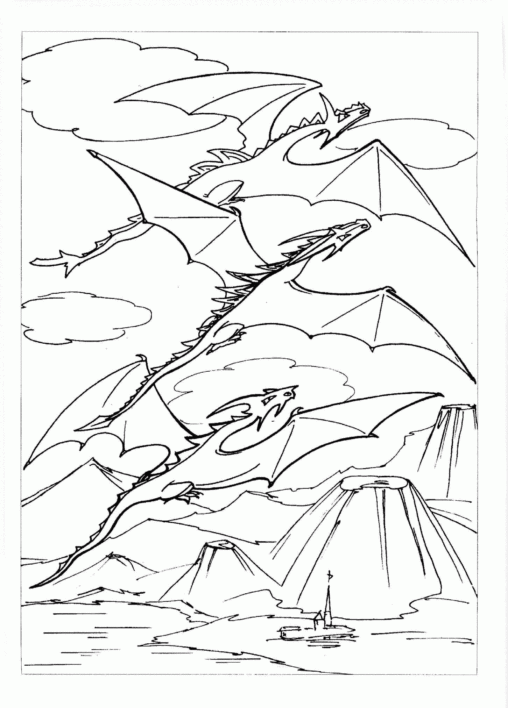 Kolorowanka smok z kolcami na plecach leci wraz z dwoma innymi smokami nad górami