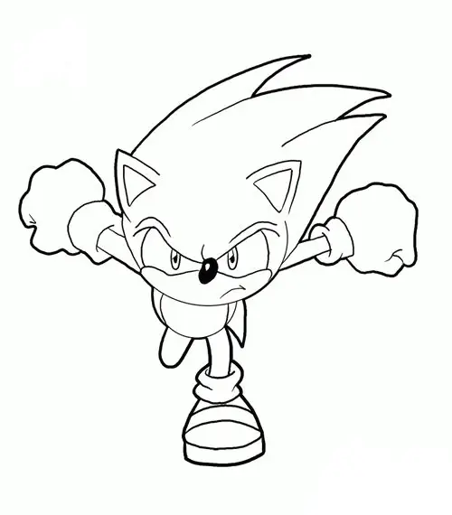 Kolorowanka Sonic biegnie szybko przed siebie z rękoma po bokach i grymasem na twarzy