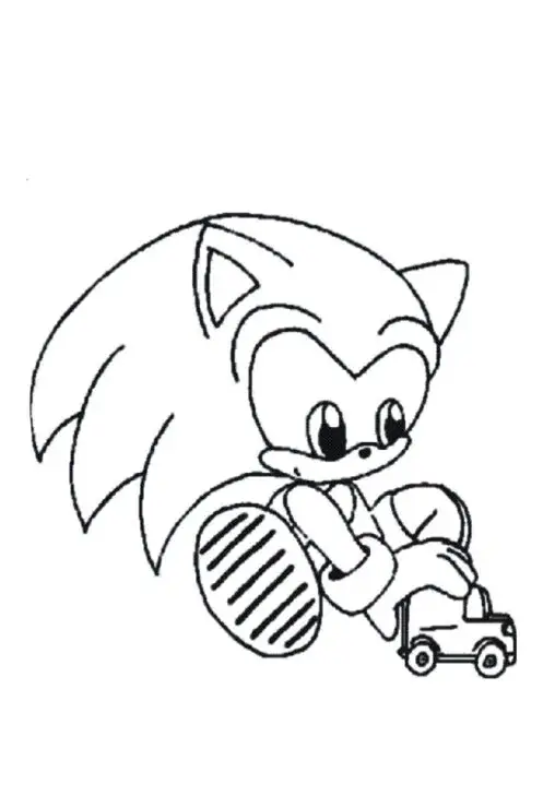 Kolorowanka Sonic mały i młody siedzi bawiąc się samochodzikiem