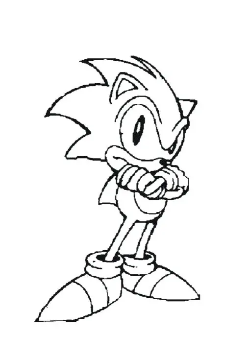 Kolorowanka Sonic młody z krótkimi włosami stoi zły z założonymi rękoma