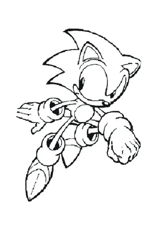 Kolorowanka Sonic skacze wysoko patrząc się w bok z założonymi rękoma