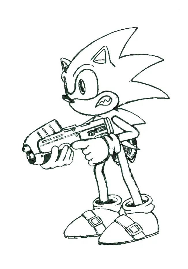 Kolorowanka Sonic stoi przestraszony trzymając w rękach karabin