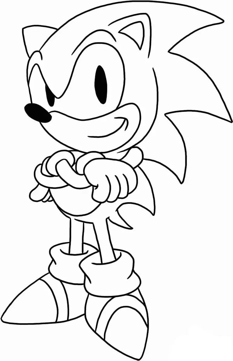 Kolorowanka Sonic stoi uśmiechnięty z założonymi rękoma