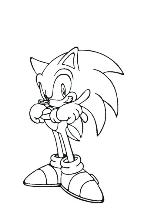 Kolorowanka Sonic stoi ze złożonymi rękoma uśmiechając się i wskazując palcem w górę