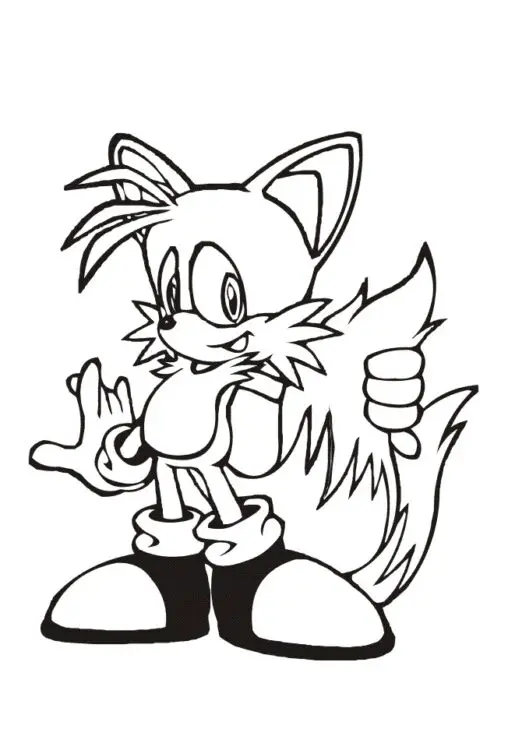Kolorowanka Sonic Tails stoi uśmiechnięty trzymając ręką ogon