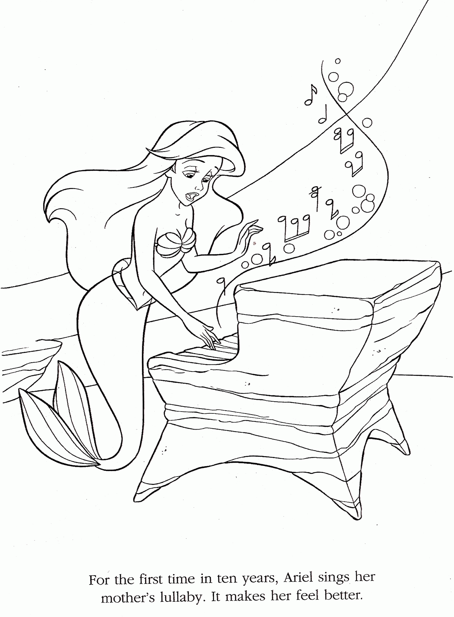 Kolorowanka syrenka Ariel śpiewa swojej mamie kołysankę grając na pianinie pod wodą