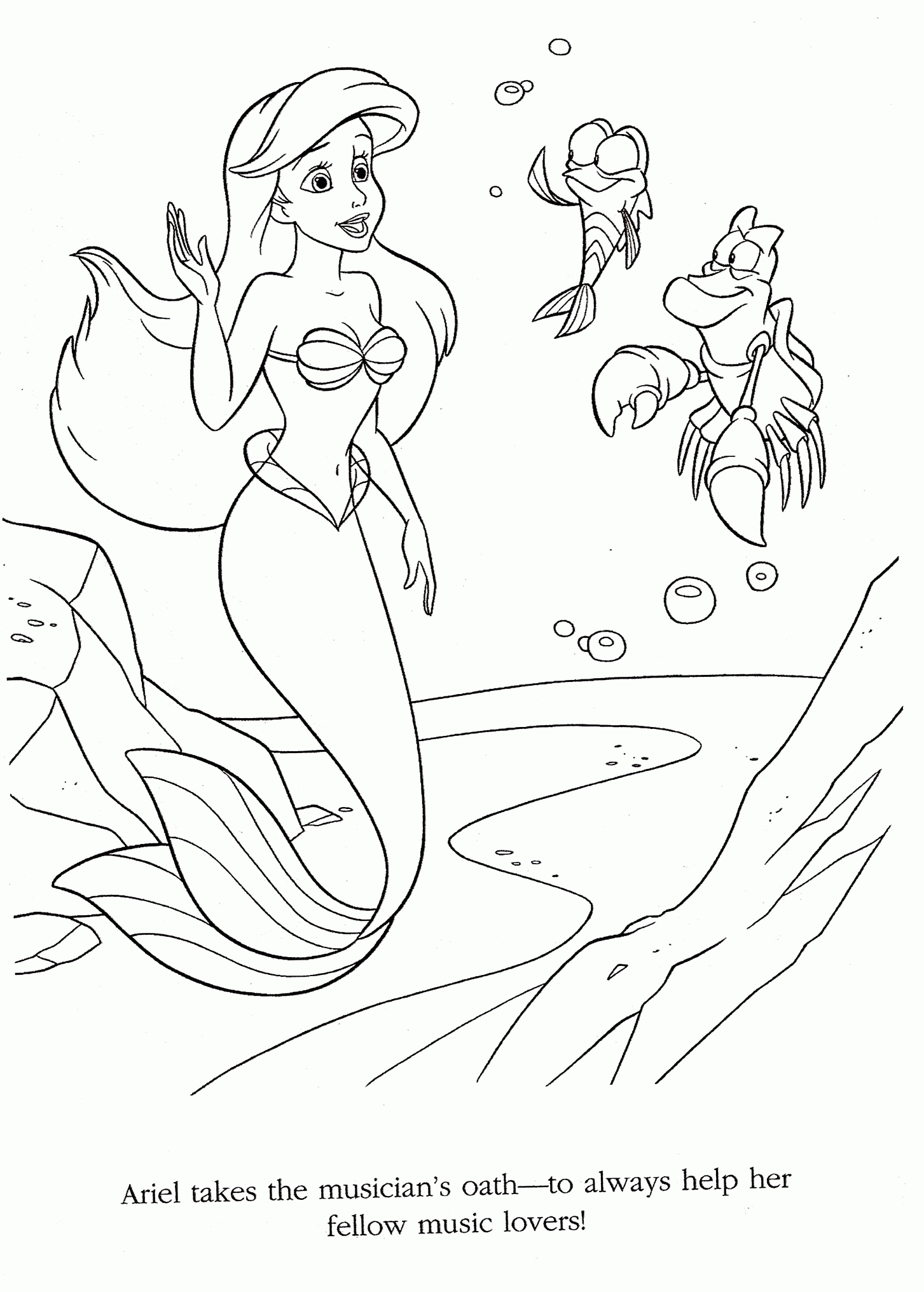 Kolorowanka syrenka Ariel żegna się z krabem i rybką machając ręką