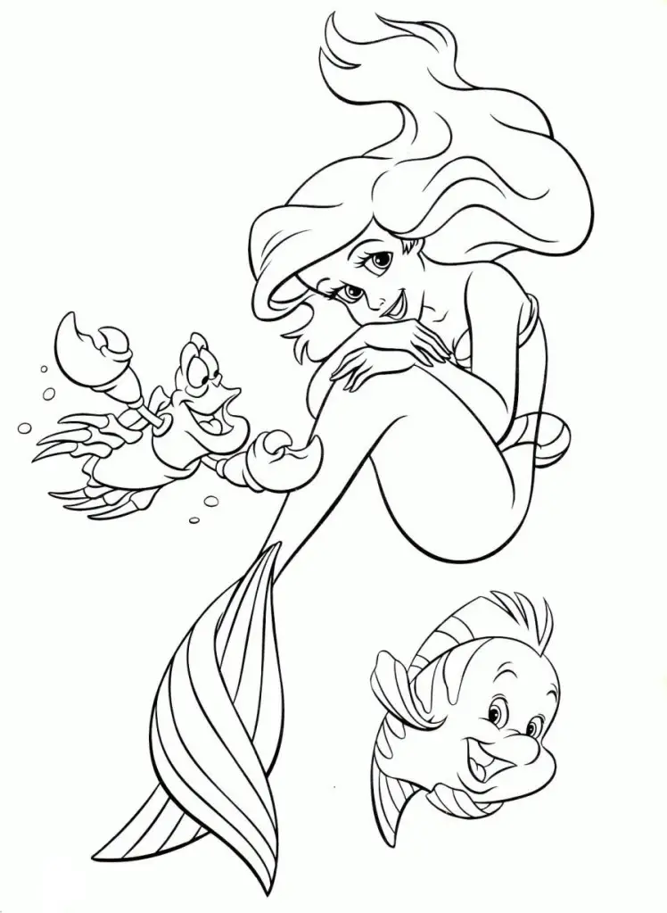 Kolorowanka syrenka Arielka kuli się trzymając rękoma kolana obok kraba Sebastiana i rybki