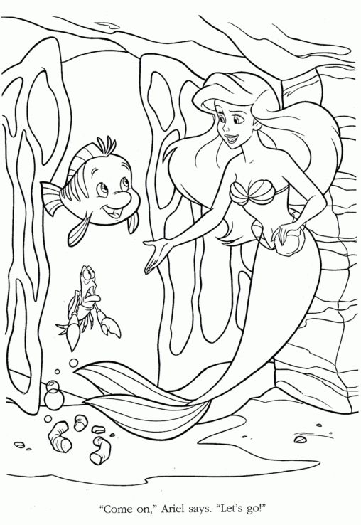 Kolorowanka syrenka Arielka rozmawia z rybą i przestraszonym krabem w podwodnej jaskini