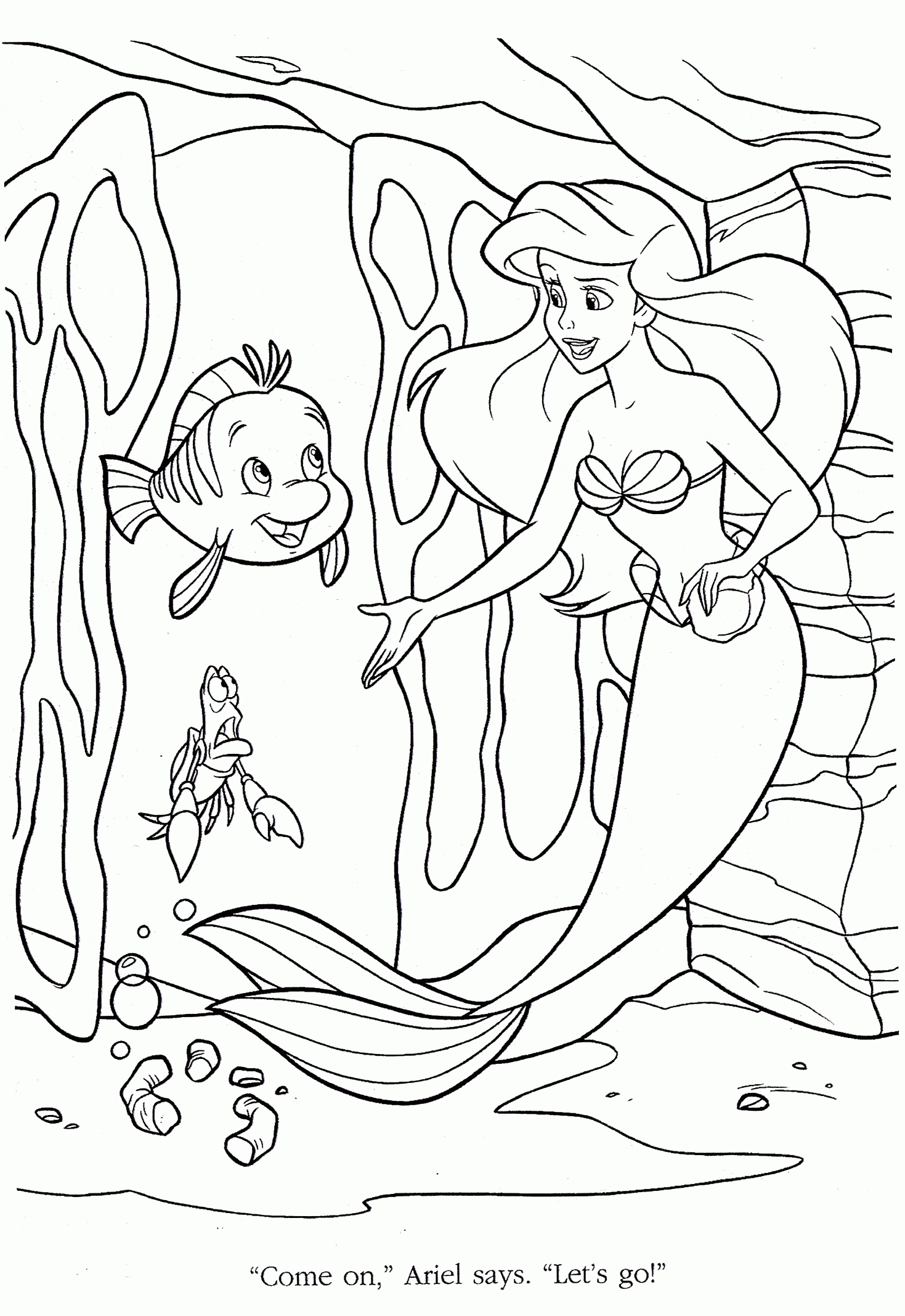 Kolorowanka syrenka Arielka rozmawia z rybą i przestraszonym krabem w podwodnej jaskini