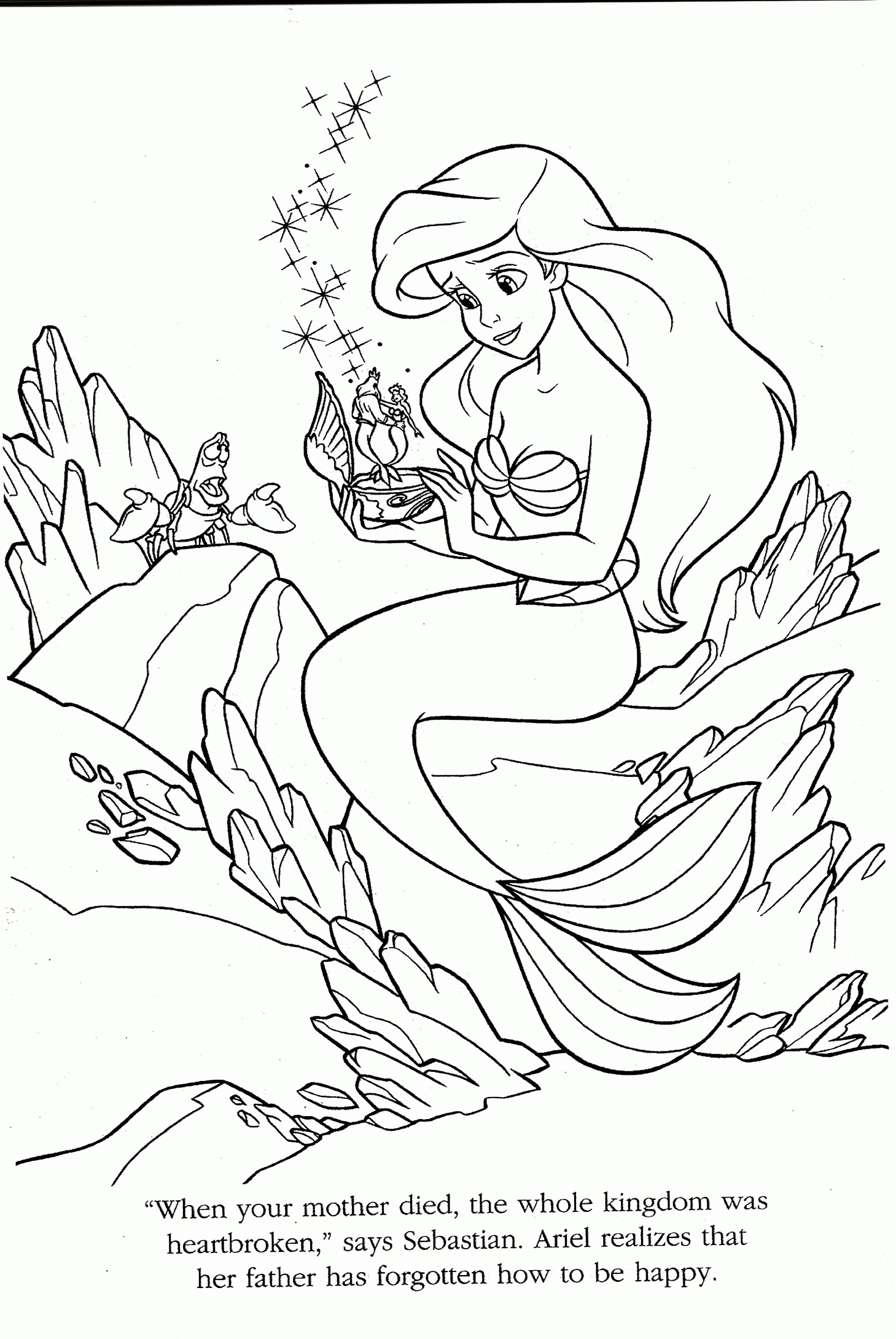 Kolorowanka syrenka Arielka siedzi pod wodą i przygląda się grającej muszelce uwalniającej gwiazdki