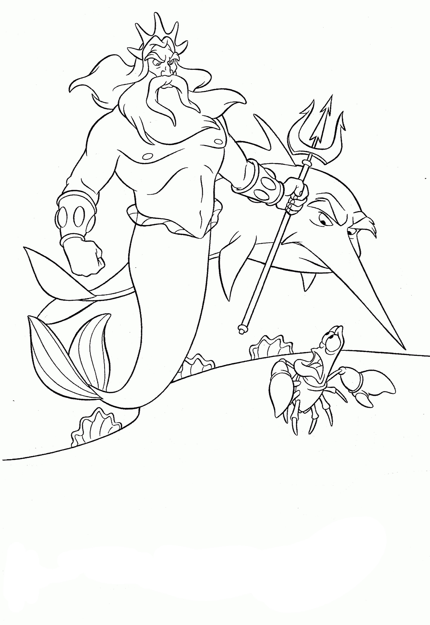 Kolorowanka syrenka Posejdon z trójzębem wraz z rekinem spogląda się z góry na przestraszonego kraba Sebastiana