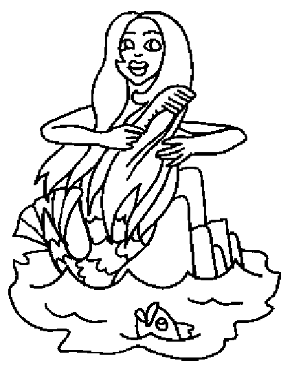Kolorowanka syrenka siedzi na skale wystającej z wody obok ryby i czesze długie włosy