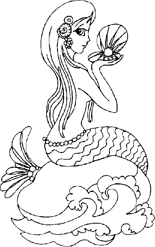 Kolorowanka syrenka siedzi owdrócona plecami na skale nad wodą i trzyma perle w muszki oraz ma kwiaty we włosach