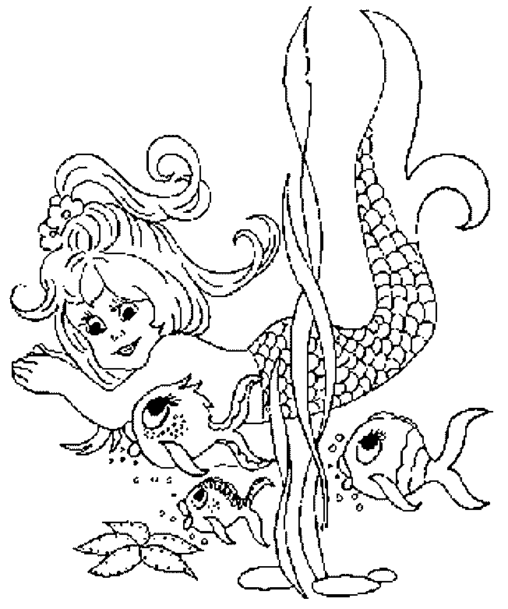 Kolorowanka syrenka ze splecionymi włosami płynie obok trzech rybek z dużymi oczami przy wodorostach