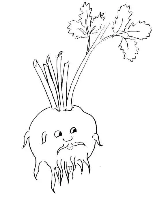 Kolorowanka warzywa kalarepa z długimi korzeniami i wąsem oraz z liśćmi