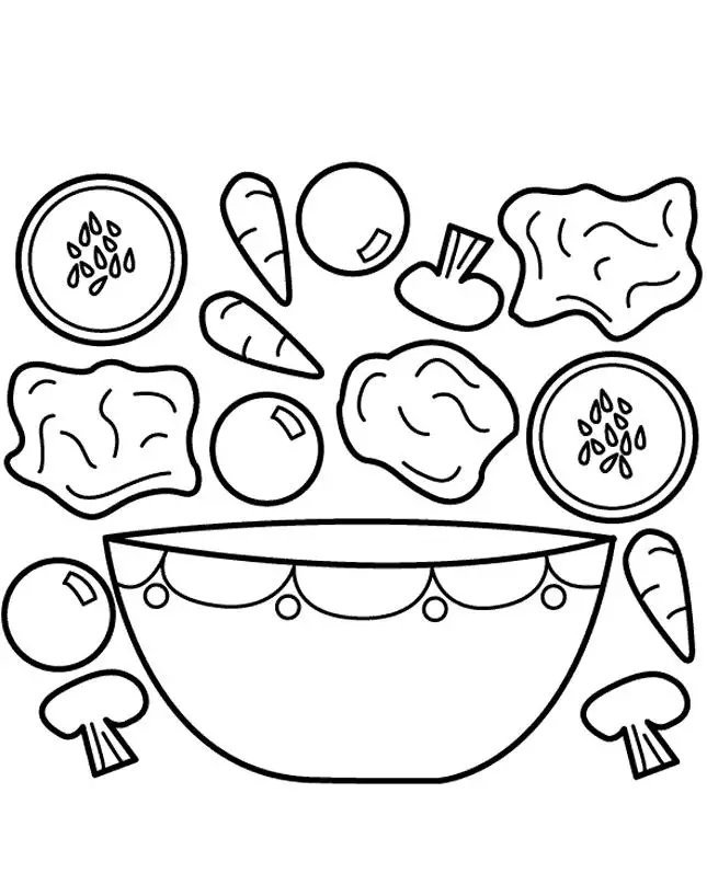 Kolorowanka warzywa są rozrzucone wokół miski i będzie robiona z nich zupa