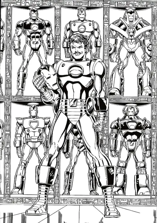 Tony Stark stoi ze zdjętą maską przy gablocie ze wszystkimi zbrojami