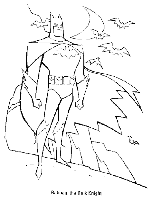 Kolorowanka Batman the Dark Knight stoi w stroju przy górze w świetle Księżyca wśród nietoperzy