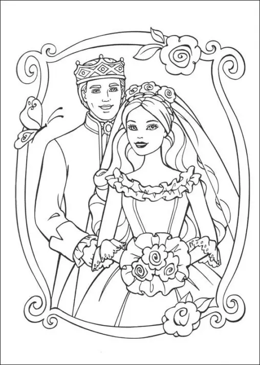 Kolorowanka księżniczka stoi przed lustrem w welonie ślubnym trzymając kwiaty obok księcia w koronie