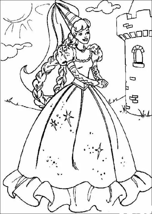 Kolorowanka księżniczka w welonie i szerokiej sukni z falbanami stoi pod zamkiem na polu