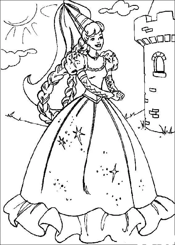 Kolorowanka księżniczka w welonie i szerokiej sukni z falbanami stoi pod zamkiem na polu