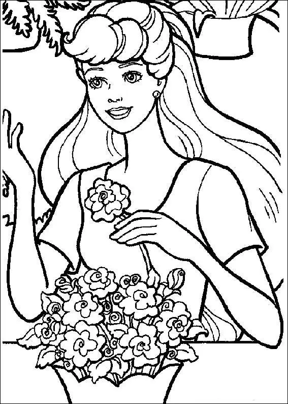 Kolorowanka księżniczka wyciąga kwiatek z wazonu siedząc przy stole