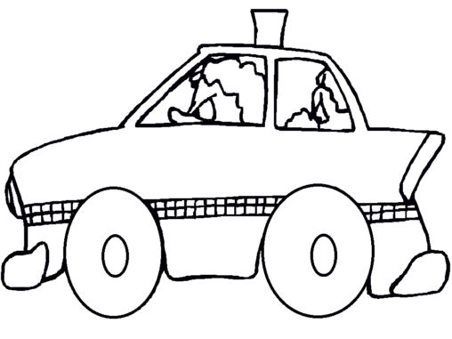 Kolorowanka samochód policyjny karykaturalny z policjantem w środku i złodziejem z tyłu
