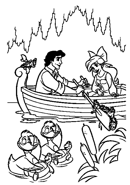 Kolorowanka syrenka Arielka płynie na łodzi ze swoim chłopakiem wśród kaczek i żółwi