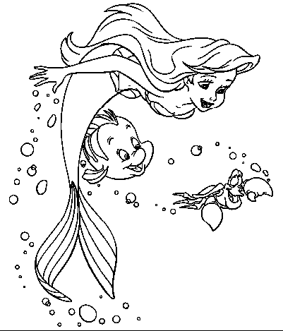 Kolorowanka syrenka Arielka płynie z rybką prowadzona przez małego kraba