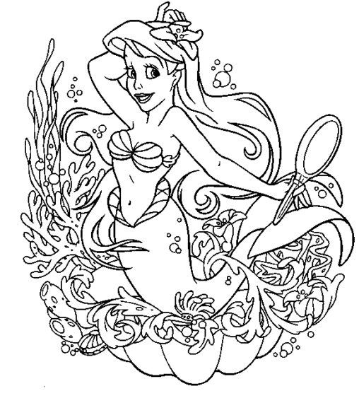 Kolorowanka syrenka Arielka z kwiatem we włosach wśród podwodnej fauny