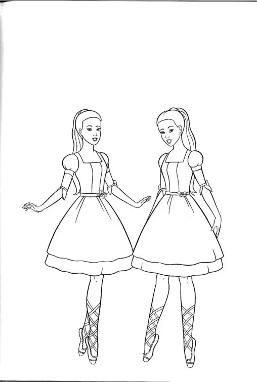 Kolorowanka księżniczka dwie księżniczki stoją w sukniach i butach do baletu